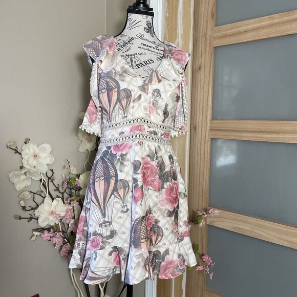 Perfect Way Floral Romantic Mini Dress Elegant W/Pearly Beads Woman Size M - Picture 1 of 12